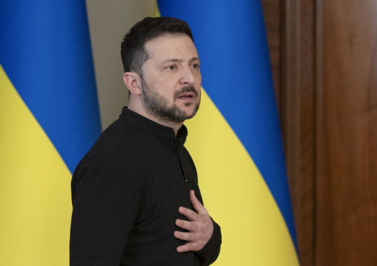 epa11958499 Ukrainian President Volodymyr Zelensky speaks at a press conference in Kyiv, Ukraine, 12 March 2025. President Zelensky informed journalists about the results of the US-Ukrainian talks in Jeddah, Saudi Arabia. EPA/STRINGER