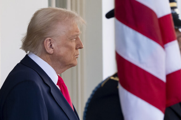 President Donald Trump waits for the arrival of Ireland's Prime Minister Micheál Martin at the White House in Washington, Wednesday, March 12, 2025. (AP Photo/Alex Brandon)