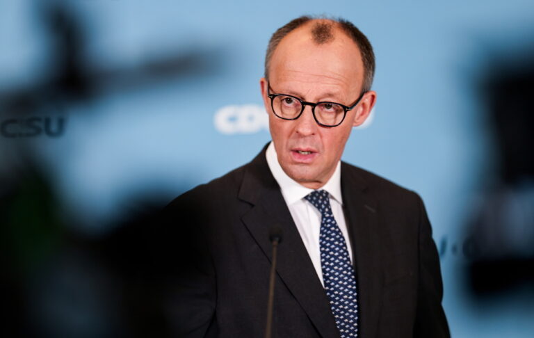 epa11963701 Chairman of the Christian Democratic Union (CDU) party and faction Friedrich Merz speaks during a press statement after a parliamentary group meeting at the German parliament, Bundestag, in Berlin, Germany, 14 March 2025. EPA/HANNIBAL HANSCHKE