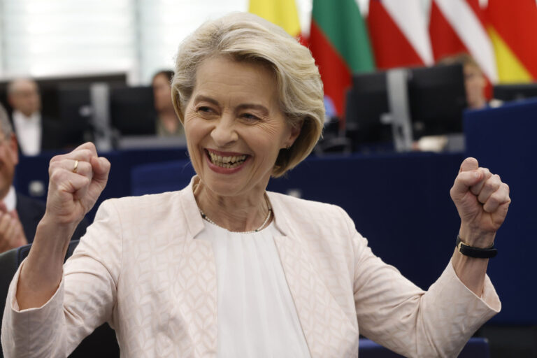 European Commission President Ursula von der Leyen reacts after the announcement of the vote at the European Parliament in Strasbourg, eastern France, Thursday, July 18, 2024. Lawmakers at the European Parliament have re-elected Ursula von der Leyen to a second 5-year term as president of the European Union's executive commission. The re-election ensures leadership continuity for the 27-nation bloc as it wrestles with crises ranging from the war in Ukraine to climate change, migration and housing shortages. (AP Photo/Jean-Francois Badias)