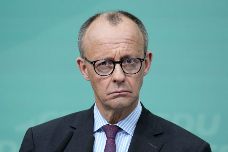 Friedrich Merz, leader of the Christian Democratic Union, CDU, talks to the media during a press conference in Berlin, Germany, Monday, March 3, 2025. (AP Photo/Ebrahim Noroozi)