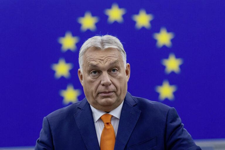 epa11650291 Hungarian Prime Minister Viktor Orban delivers his speech at a plenary session for the presentation of the programme of activities of the Hungarian Presidency at the European Parliament in Strasbourg, France, 09 October 2024. EPA/CHRISTOPHE PETIT TESSON