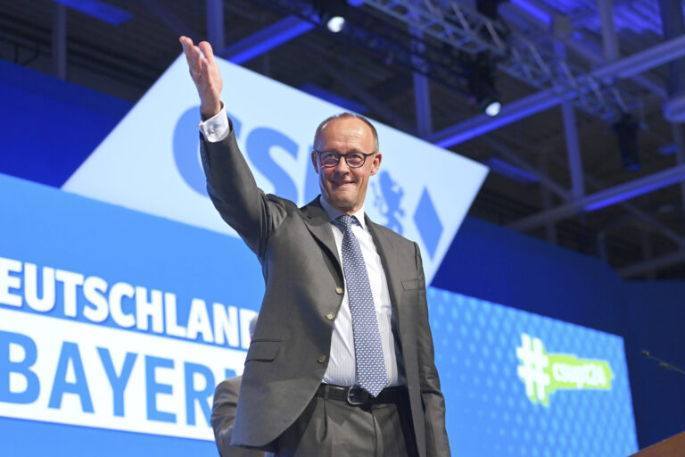 Friedrich MERZ (CDU Chairman and Chancellor candidate) after his speech on the podium, celebrates the CSU Party Congress 2024 on October 11th and 12th, 2024 AUGSBURG TRADE FAIR? (KEYSTONE/DPA/Frank Hoermann/SVEN SIMON)