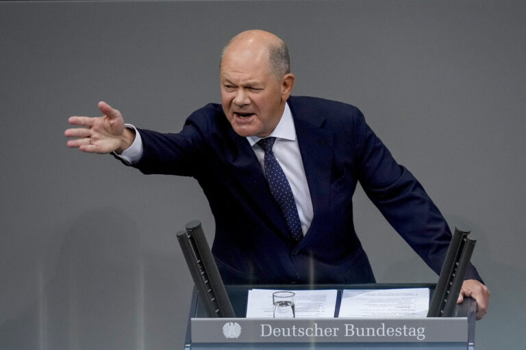 German Chancellor Olaf Scholz speaks during a general debate of the German parliament Bundestag in Berlin, Germany, Wednesday, Sept.11, 2024. (AP Photo/Ebrahim Noroozi)