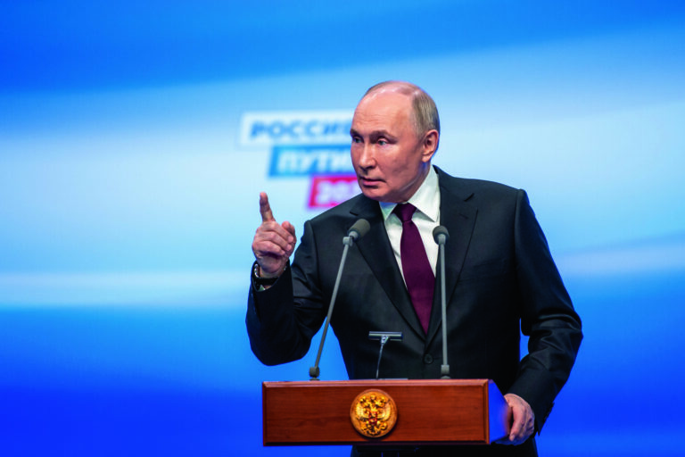 (240318) -- MOSCOW, March 18, 2024 (Xinhua) -- Vladimir Putin meets the press at his campaign headquarters in Moscow, Russia, March 18, 2024. Russia's incumbent President Vladimir Putin gained 87.32 percent of votes in the presidential election with 95.04 percent of ballots counted by Monday morning, said the Central Election Commission. (Xinhua/Cao Yang)