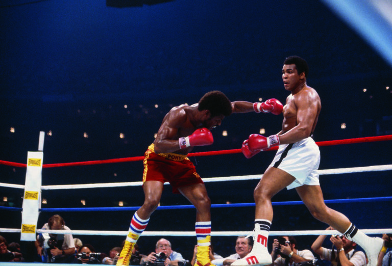 NEW ORLEANS - FEBUARY 15: Muhammad Ali backs away from a punch thrown by Leon Spinks during a match at the Superdome on September 15, 1978 in New Orleans, Louisiana. (Photo by Focus on Sport via Getty Images)