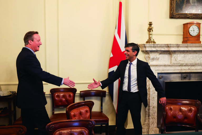 13/11/2023. London, United Kingdom. David Cameron speaks with the Prime Minister, Rishi Sunak as he is appointed as Foreign Secretary as the Prime Minister reshuffles his cabinet from 10 Downing Street.
